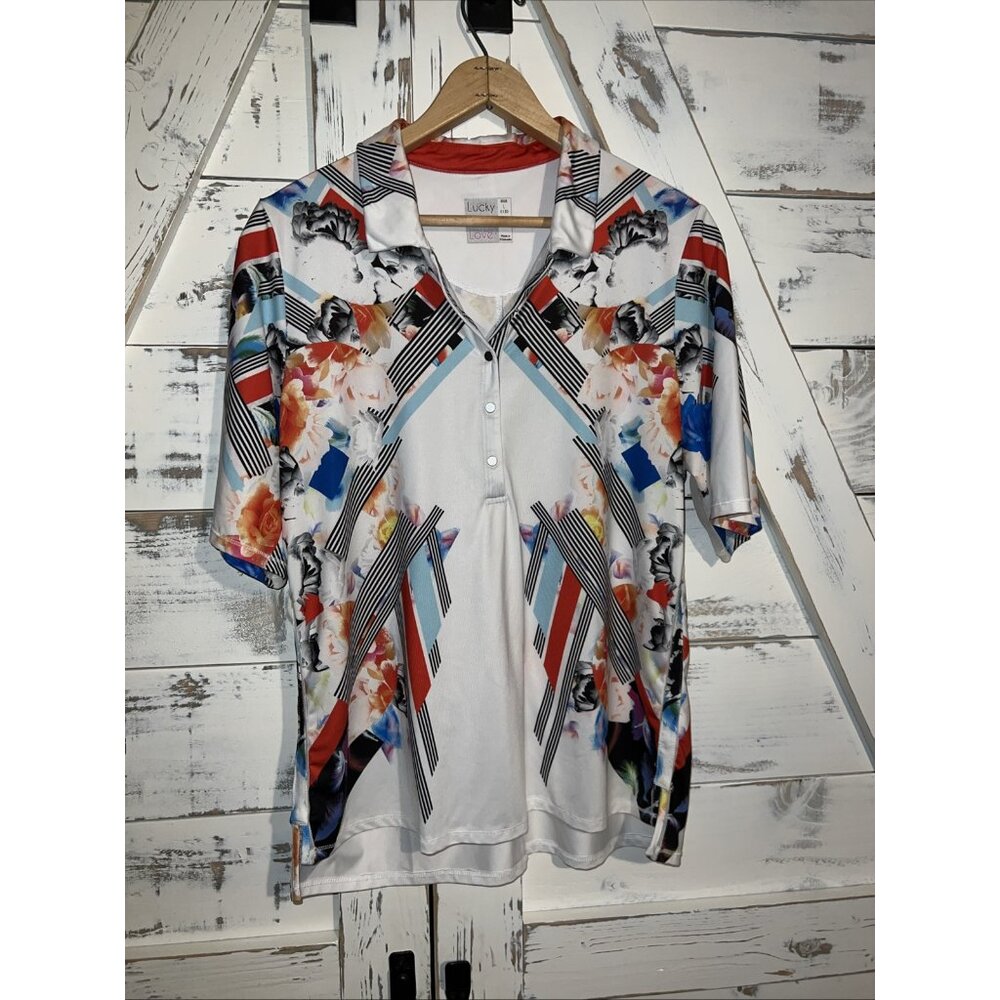 Lucky In Love Polo Shirt Womens Geo White Multicolor Print Tennis Athletic L